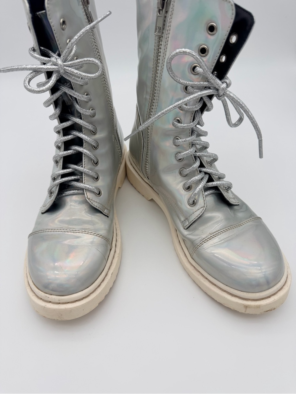 Club Exx Holographic Silver Lace-Up Combat Boots - Women Size 8